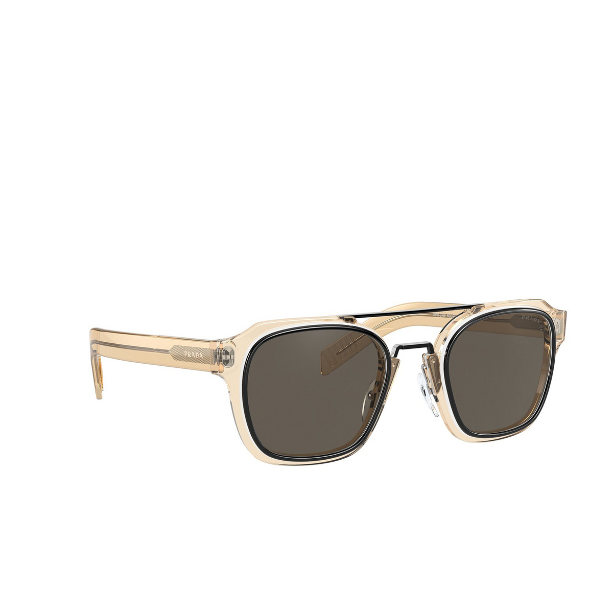 Prada® Square Sunglasses: PR 07WS color Black / White / Amber Crystal 05L5G1 - three-quarters view.