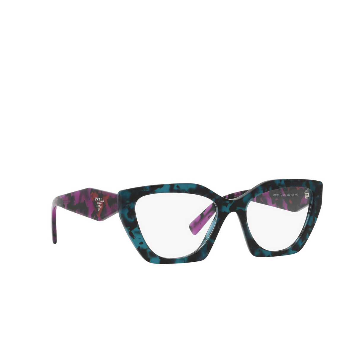 Prada® Irregular Eyeglasses: PR 09YV color Teal Tortoise 06Z1O1 - three-quarters view.