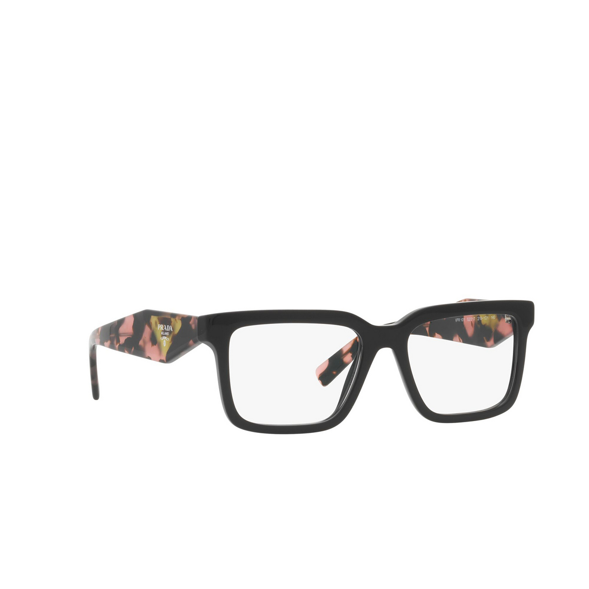 Prada® Square Eyeglasses: PR 10YV color Black 21B1O1 - three-quarters view.