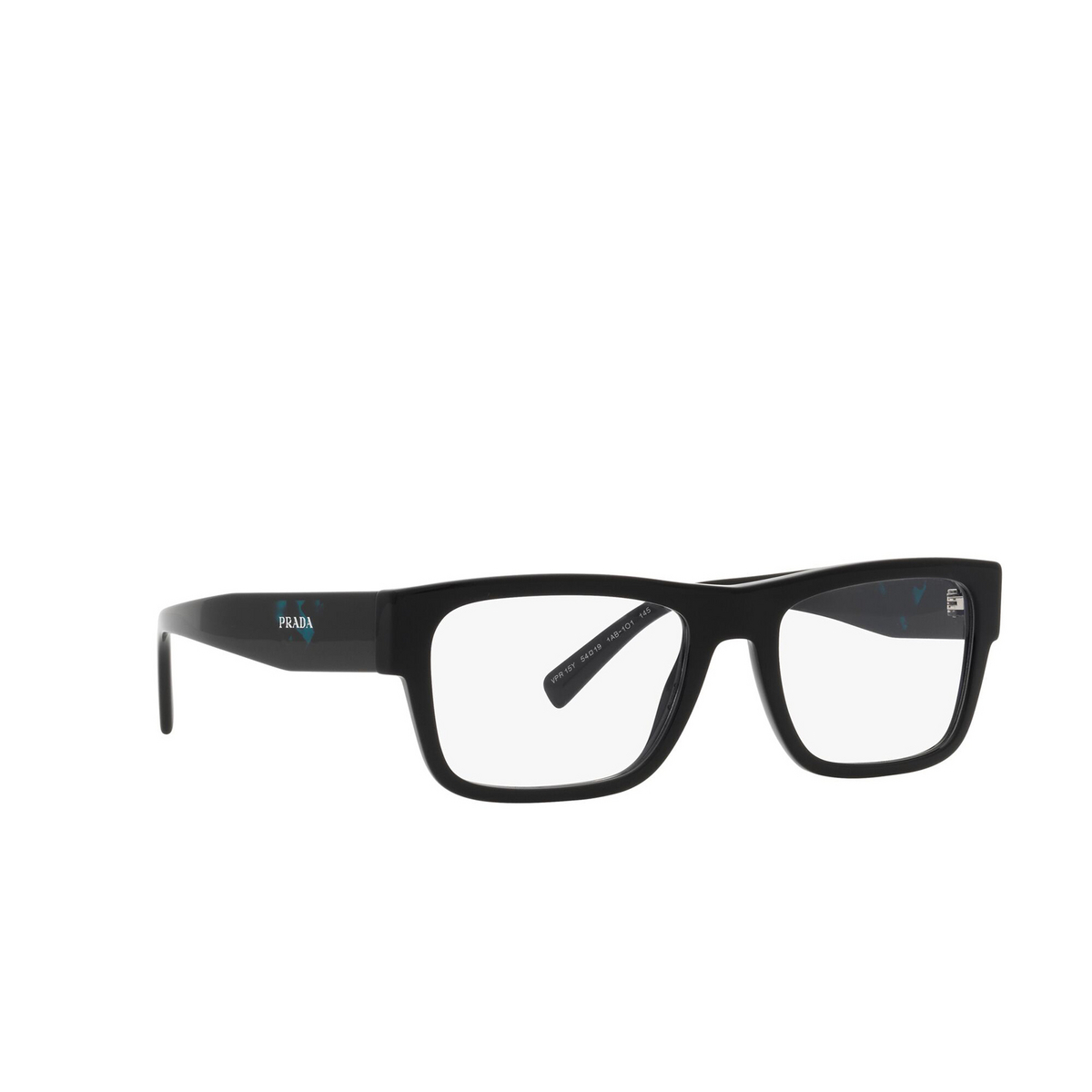 Prada® Rectangle Eyeglasses: PR 15YV color Black 1AB1O1 - three-quarters view.