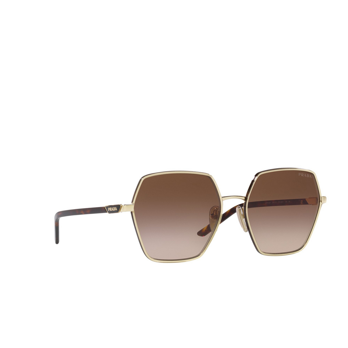 Prada® Irregular Sunglasses: PR 56YS color Pale Gold ZVN06I - three-quarters view.