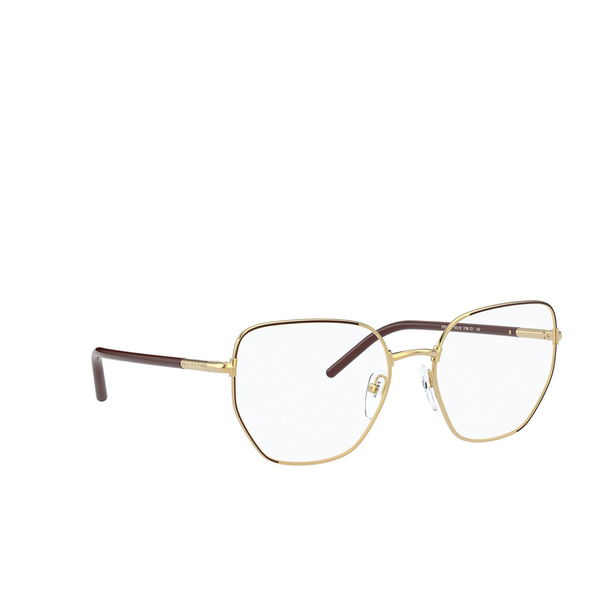 Prada® Irregular Eyeglasses: PR 60WV color Must / Gold 07M1O1 - three-quarters view.