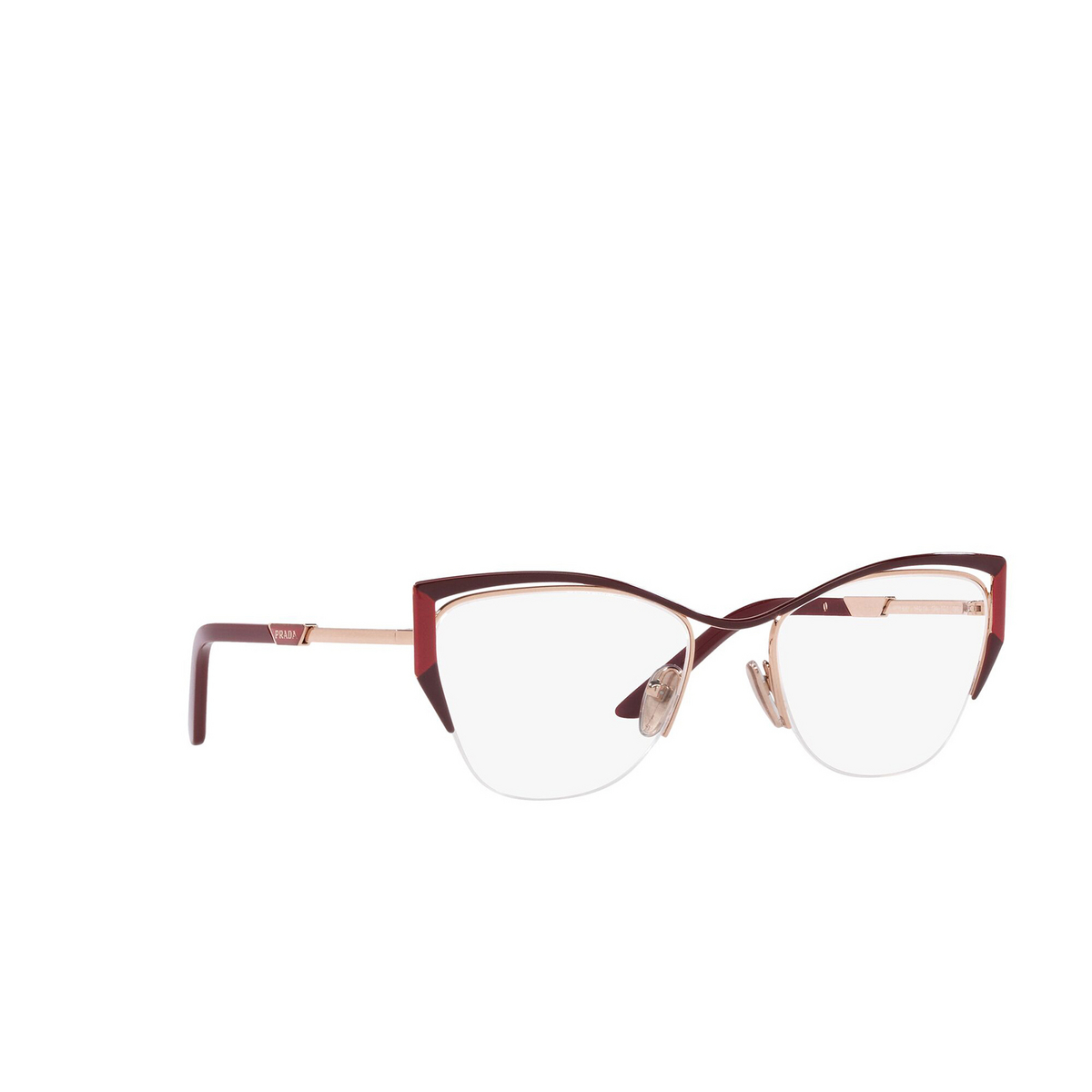 Prada® Butterfly Eyeglasses: PR 63YV color 13A1O1 Red / Fire / Rose Gold - three-quarters view