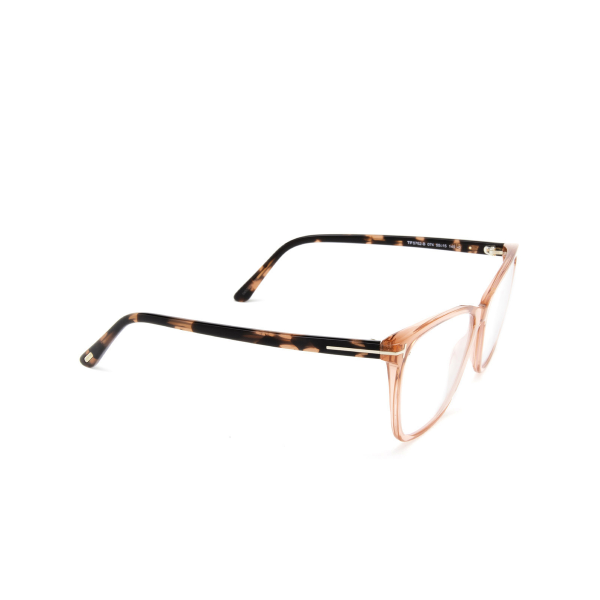 Tom Ford® Square Eyeglasses: FT5762-B color Pink & Havana 074 - three-quarters view.