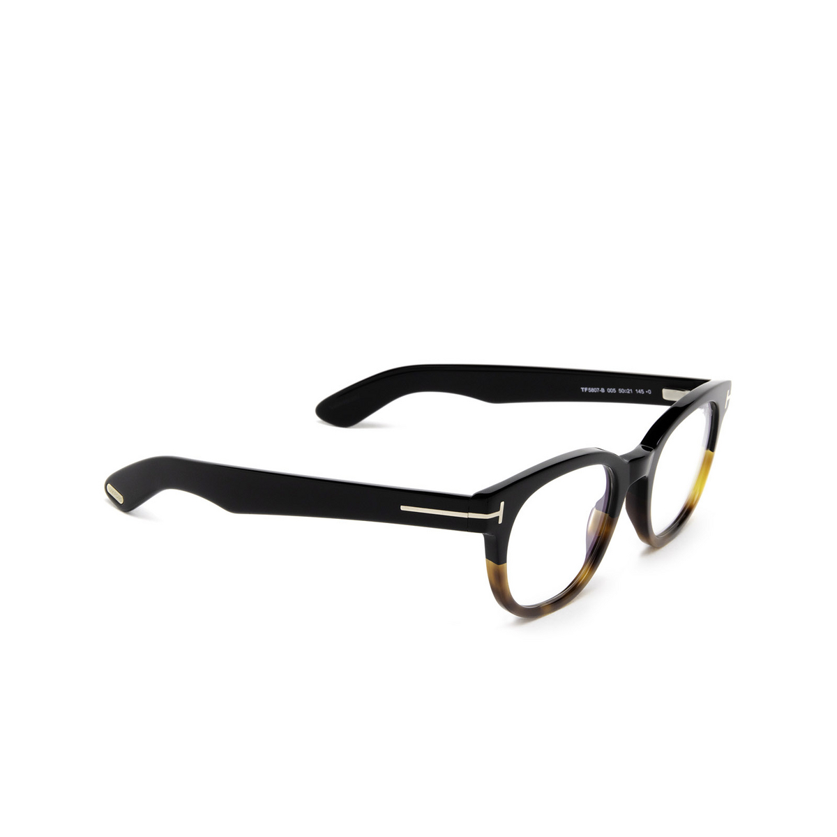 Tom Ford® Square Eyeglasses: FT5807-B color Black & Havana 005 - three-quarters view.