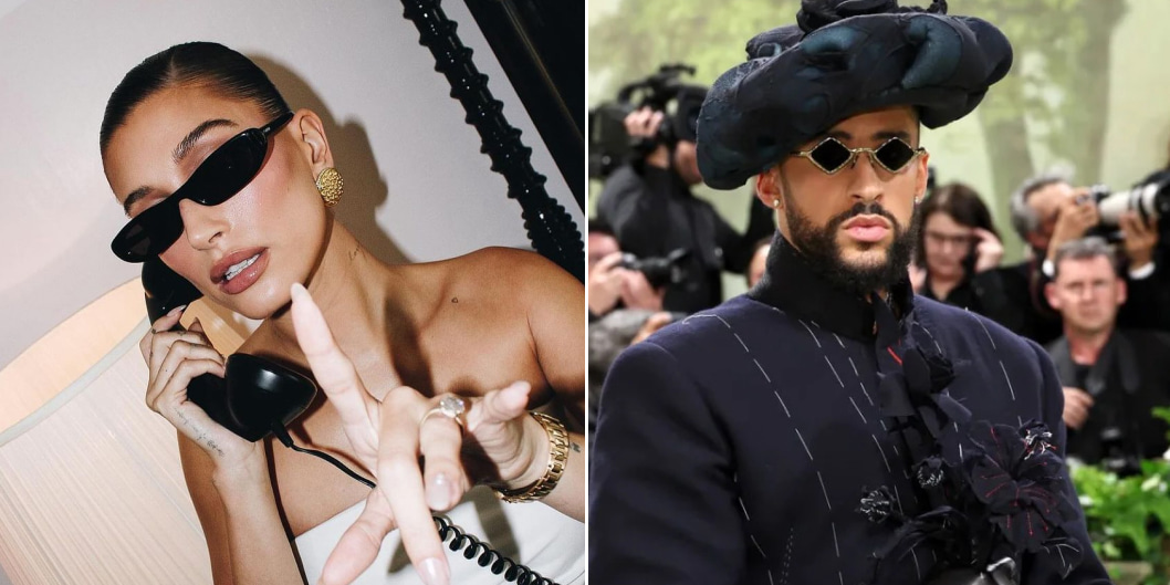 Hailey Bieber and Bad Bunny in micro sunglasses