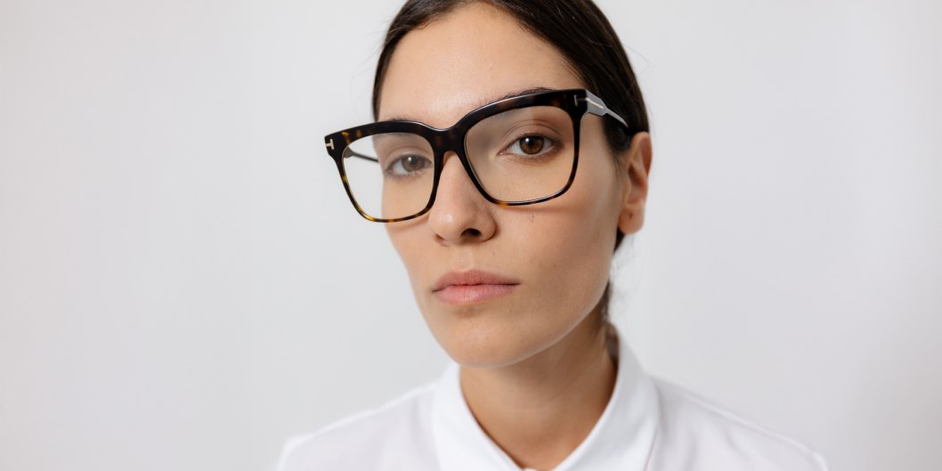 Female model wearing Tom Ford eyeglasses