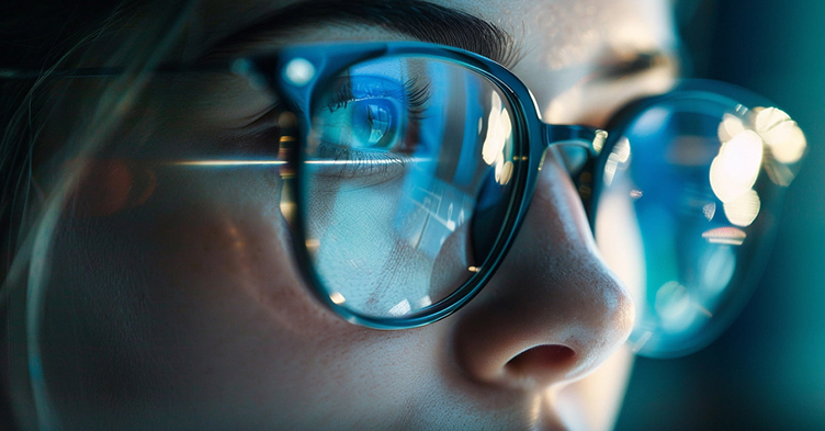 Mujer usando gafas con filtro de luz azul