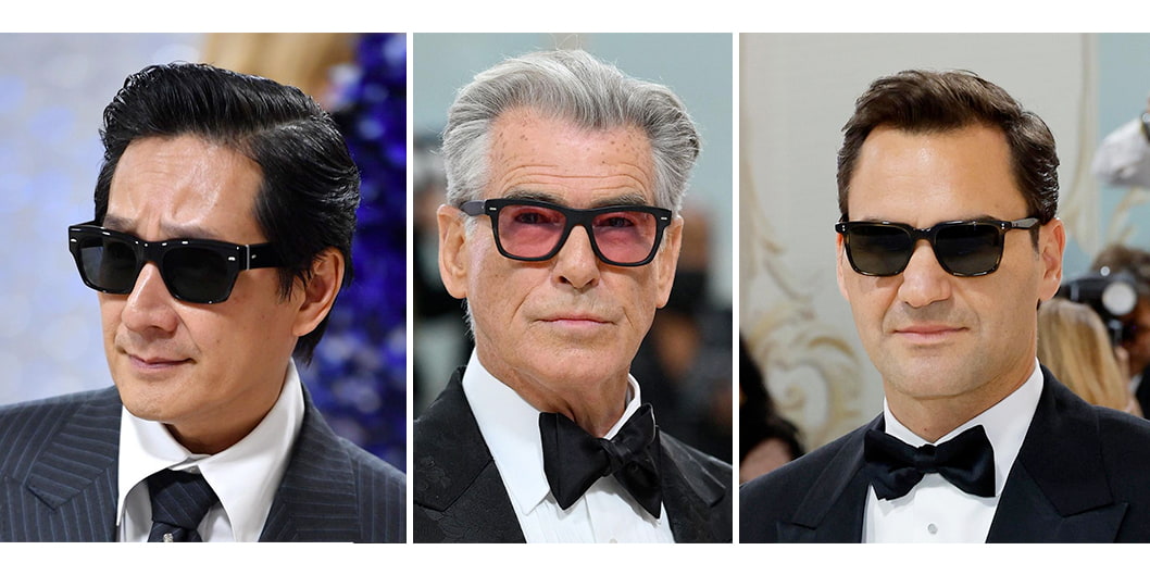 2023 Met Gala outfits from Ke Huy Quan, Pierce Brosnan and Roger Federer, with Oliver Peoples sunglasses.