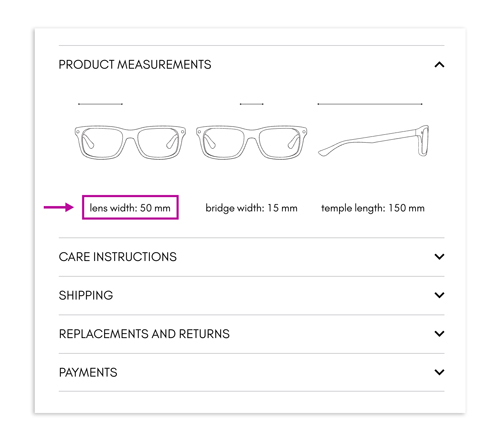 An example of glasses or sunglasses frame measurements on miaburton.com