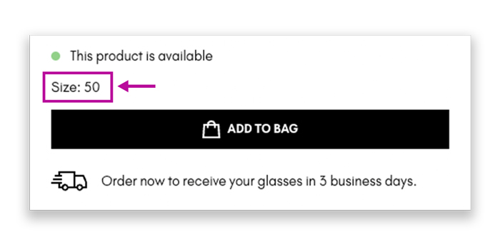 Where to find eyeglasses or sunglasses size on miaburton.com