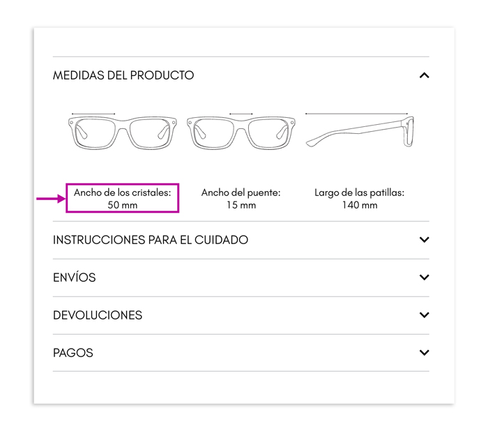 Un ejemplo de las medidas de la montura de gafas o gafas de sol en miaburton.com